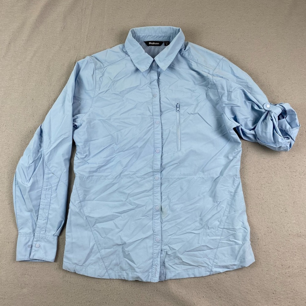 Rohan Womens shirt S Blue Snap Closure zip Pocket Long Sleeve roll tab